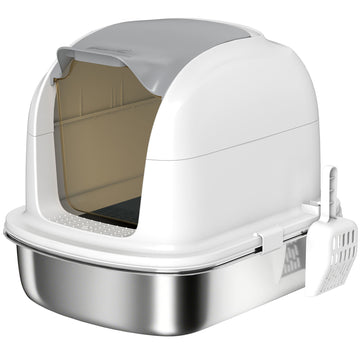 RVS kattenbak met kap en schep voor katten tot 5 kg | Kleur: Wit | Afmetingen: 41,3x52,4x42 cm
