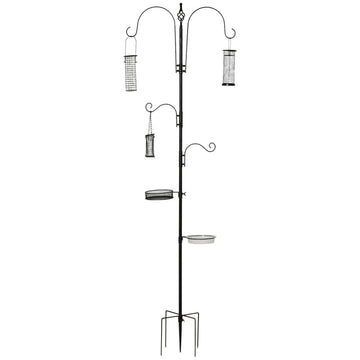 Vogelvoederstation met 4 haken en 3 voerbakken | Kleur: Zwart | Afmetingen: 54.5x54.5x208 cm