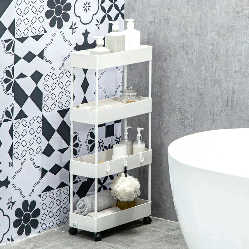 Keukentrolley met 4 niveaus en haken | Kleur: Wit | Afmetingen: 19x40x90 cm