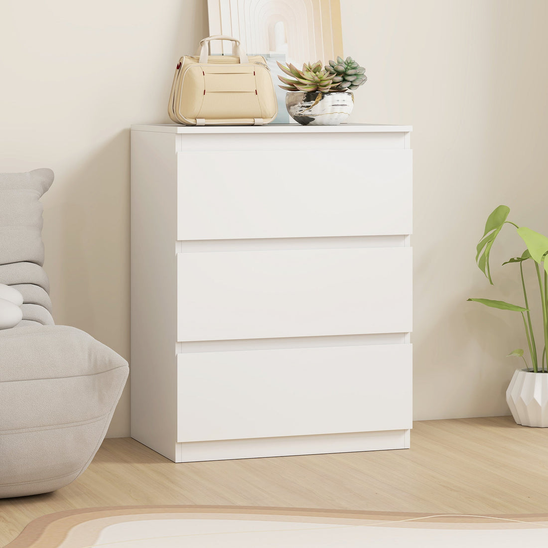 Weiße Kommode mit 3 Schubladen aus Spanplatte | Farbe: Weiß | Abmessungen: 60x40x79 cm