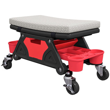 Werkplaatskruk met wielen en opbergruimte | Kleur: Grijs, rood | Afmetingen: 33x64.5x35 cm