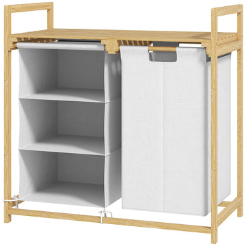 Wasmand met waszak en stoffen lade | Kleur: Wit, Bruin | Afmetingen: 70x36x70 cm