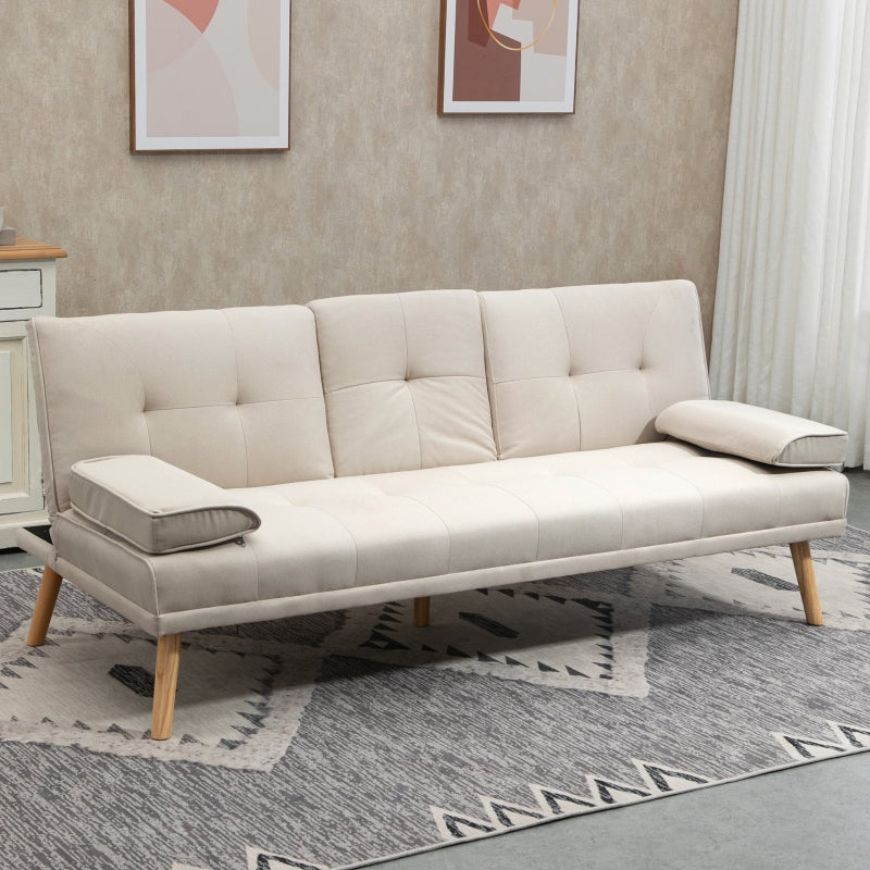 3-zits slaapbank met klaptafel | Kleur: Beige + naturel | Afmetingen: 181x77x78 cm