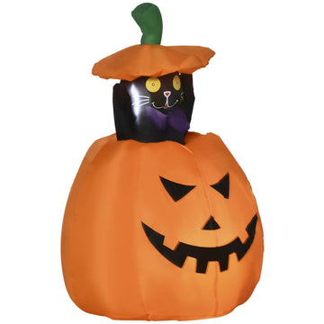 Opblaasbare Halloweenkat in pompoen | Kleur: Oranje | Afmetingen: 64x76x91-115 cm