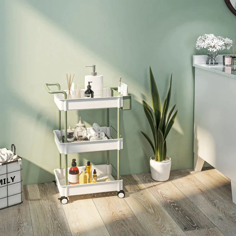 3-laags trolley met mandje - Badkamerorganizer | Kleur: Wit+Groen | Afmetingen: 29.4x50x77 cm