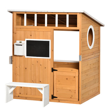 Houten kinderspeelhuis met brievenbus en bloembak | Kleur: Natuur | Afmetingen: 108x122x135,5 cm