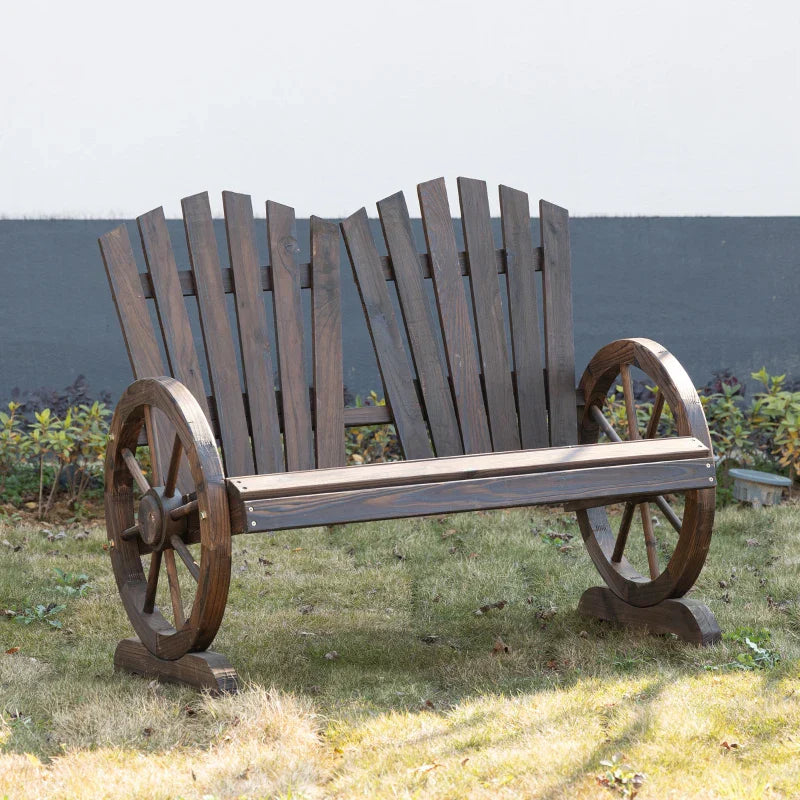 Gartenbank aus Holz mit Wagenrad-Armlehnen - Loveseat | Farbe: Dunkelbraun | Abmessungen: 66x108x95 cm
