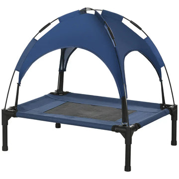 Hondenbed met zonnedak voor kleine honden | Kleur: Blauw, zwart | Afmetingen: 46x61x62 cm
