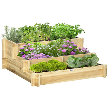 Verhoogde plantenbak met 5 vakken en 3 niveaus | Kleur: Naturel | Afmetingen: 93x93x35 cm