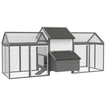 Kippenhok met dubbele ren, nestkast en zitstok | Kleur: Grijs | Afmetingen: 125x247x113.5 cm