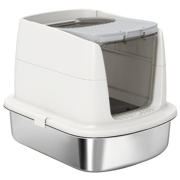 Gesloten RVS kattenbak met schep | Kleur: Wit, Grijs | Afmetingen: 41.3x52.4x39.8 cm