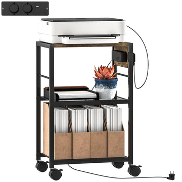 Printerrek op wielen met USB en USB-C | Kleur: Bruin, zwart | Afmetingen: 28x42x84.5 cm