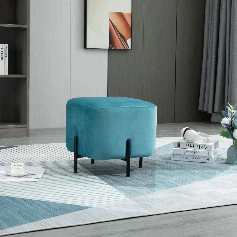 Fluwelen voetenbankje met stalen poten | Kleur: Turquoise | Afmetingen: 44.5x44.5x41.5 cm