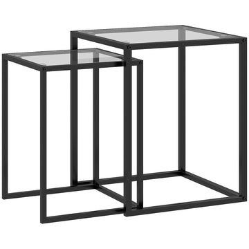 Set van 2 stapelbare zwarte bijzettafels met stalen poten | Kleur: Zwart | Afmetingen: 42x42x51 cm