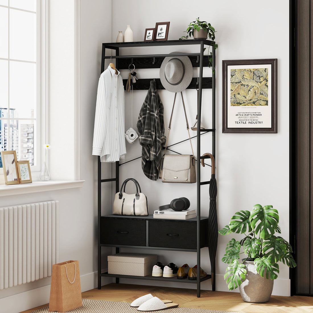 Kapstok met schoenenrek, kledingrek en 2 lades | Kleur: Zwart | Afmetingen: 80x30x180.5 cm