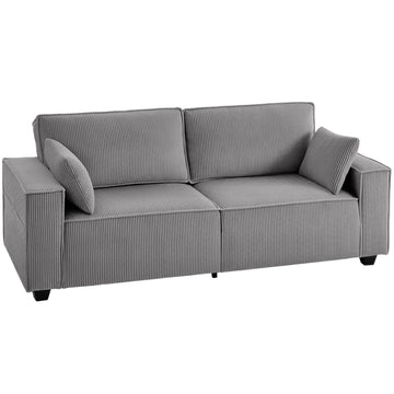 3-zitsbank ribcord met pocketvering | Kleur: Lichtgrijs | Afmetingen: 218x79x91 cm
