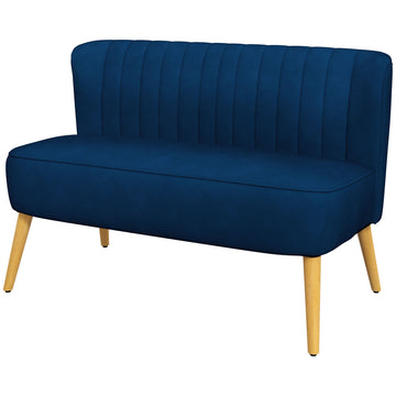 Retro 2-zitsbank met houten poten | Kleur: Blauw | Afmetingen: 117x56,5x77 cm