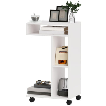 C-vormige bijzettafel met wielen - Serveerwagen | Kleur: Wit | Afmetingen: 30x40x69 cm