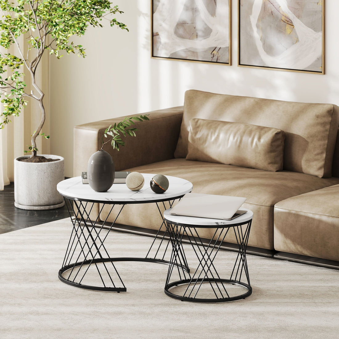 Sats med 2 soffbord i marmorlook | Färg: Vit | Mått: 70x70x46,5 cm
