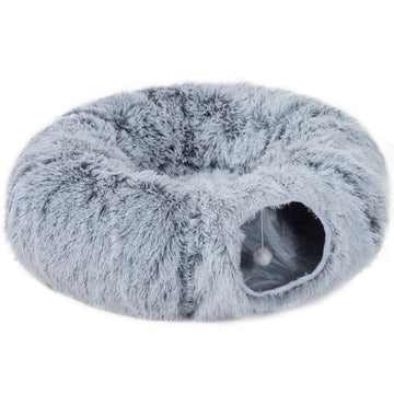 Kattentunnelbed met kussen en pluche | Kleur: Lichtgrijs | Afmetingen: 90x80x27 cm