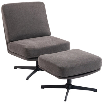 Draaibare loungestoel met hocker in linnenlook | Kleur: Donkergrijs | Afmetingen: 68x91x93 cm