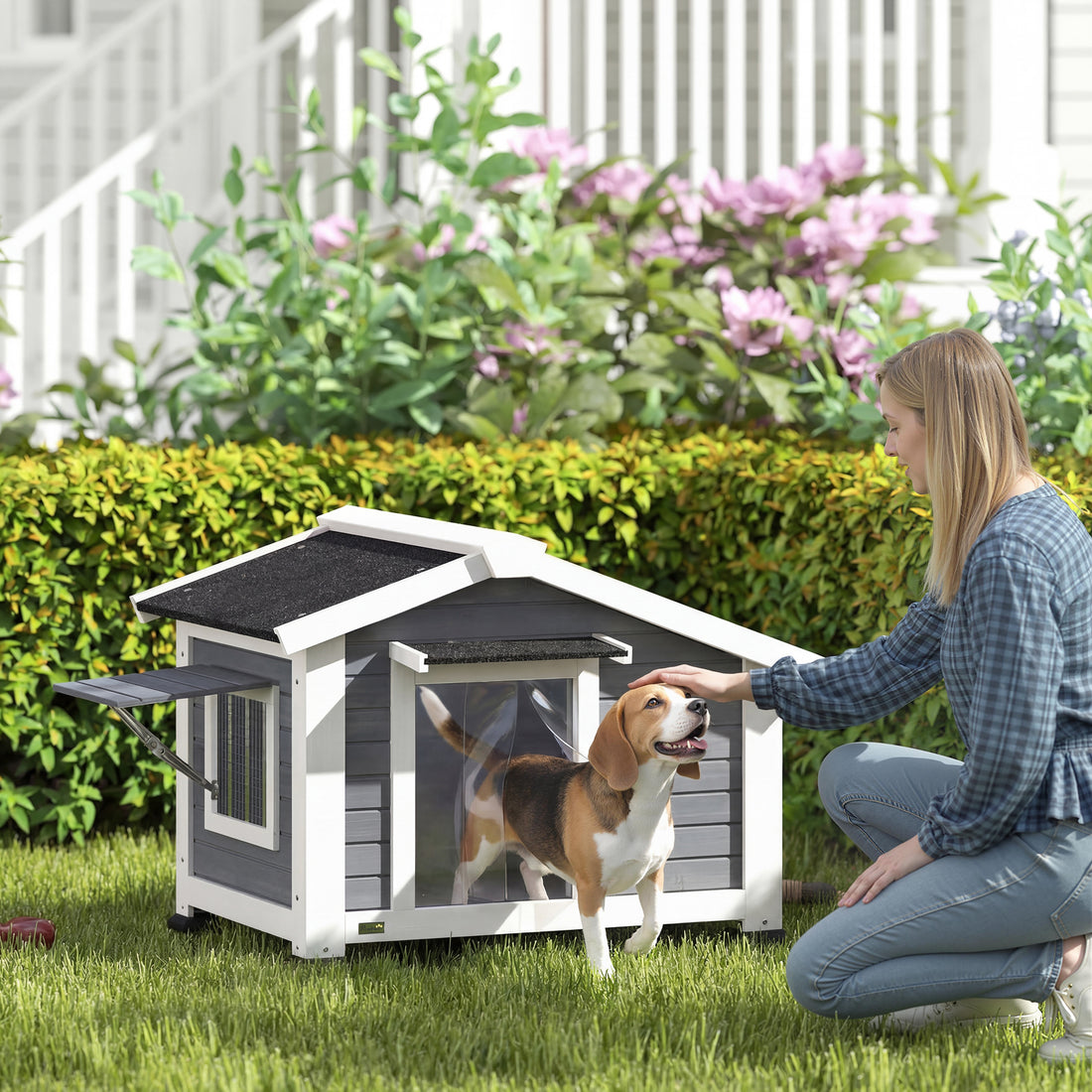 Väderbeständig hundkoja i trä med asfalttak | Färg: Grå | Mått: 76x98x69,5 cm