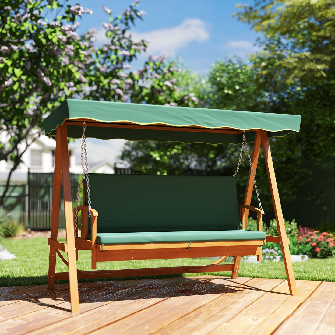 Houten Hollywoodschommel met zonnedak | Kleur: Groen | Afmetingen: 130x236x181 cm