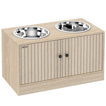 Hondenvoerstation met 2 RVS voerbakken en kast | Kleur: Bruin | Afmetingen: 60x30x35.5 cm