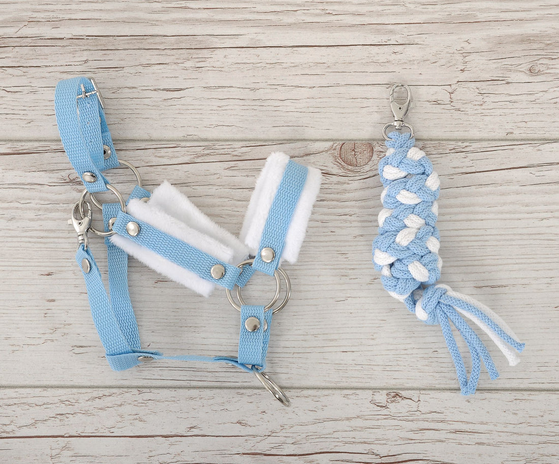 Grimmaset för häst - träns - justerbart och bekvämt för hobbyhäst, vit-ljusblå