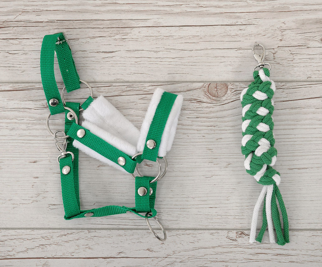 Grimmaset, hästgrimma, justerbar och mjuk päls, med handgjort koppel, vitgrön