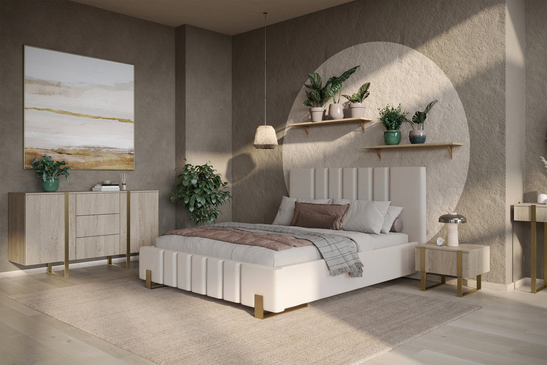 Verica Nachtkastje Set met Lade - Biscuit Eiken & Gouden Poten | Kleur: Biscuit Eiken