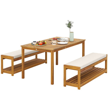 Tuinmeubelset 3-delig met tafel en 2 banken | Kleur: Bruin + wit | Afmetingen: 85x150x75 cm