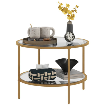 Ronde bijzettafel met 2 niveaus en glazen blad | Kleur: Goud-transparant | Afmetingen: 60x60x43 cm