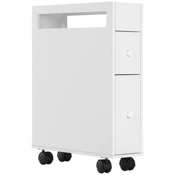 Badkamerkast op wielen met 2 lades en open vak | Kleur: Wit | Afmetingen: 49,5x16x66 cm