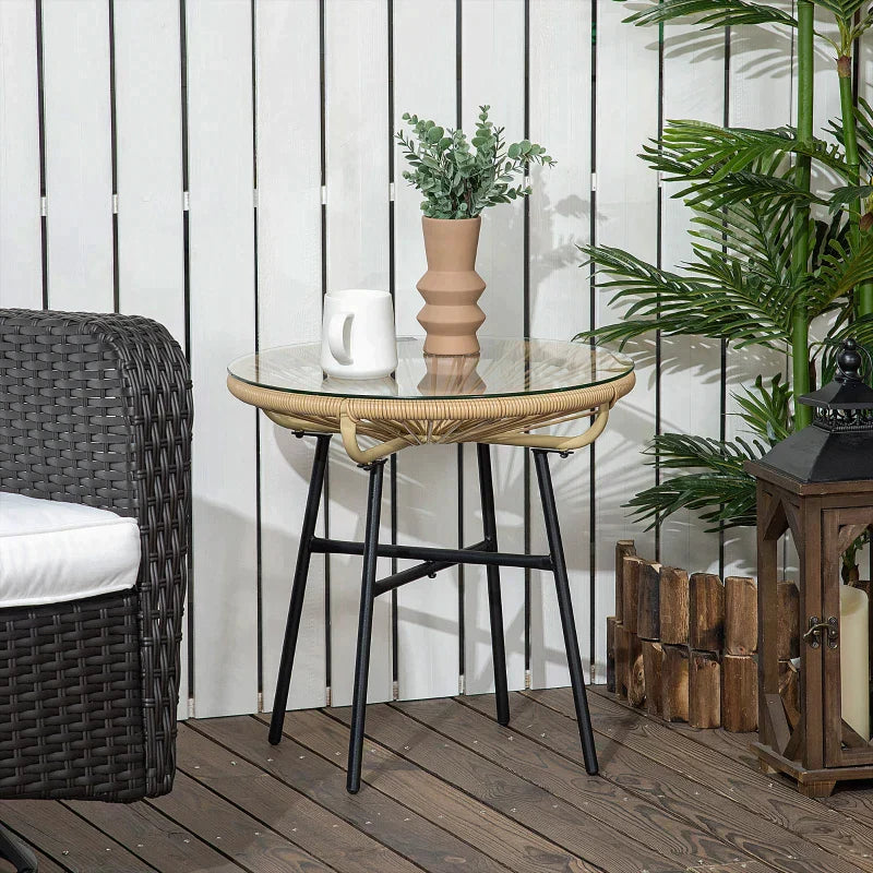 Ronde rotan bijzettafel voor buiten | Kleur: Zwart+Beige | Afmetingen: 50x50x50 cm