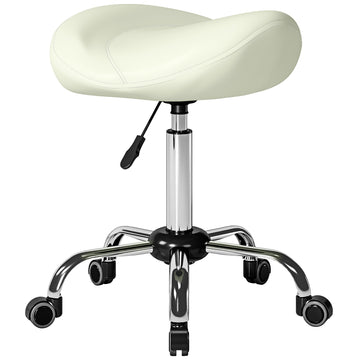Zadelkruk op wielen voor massage en salon | Kleur: Crèmewit | Afmetingen: 48x48x55-71 cm